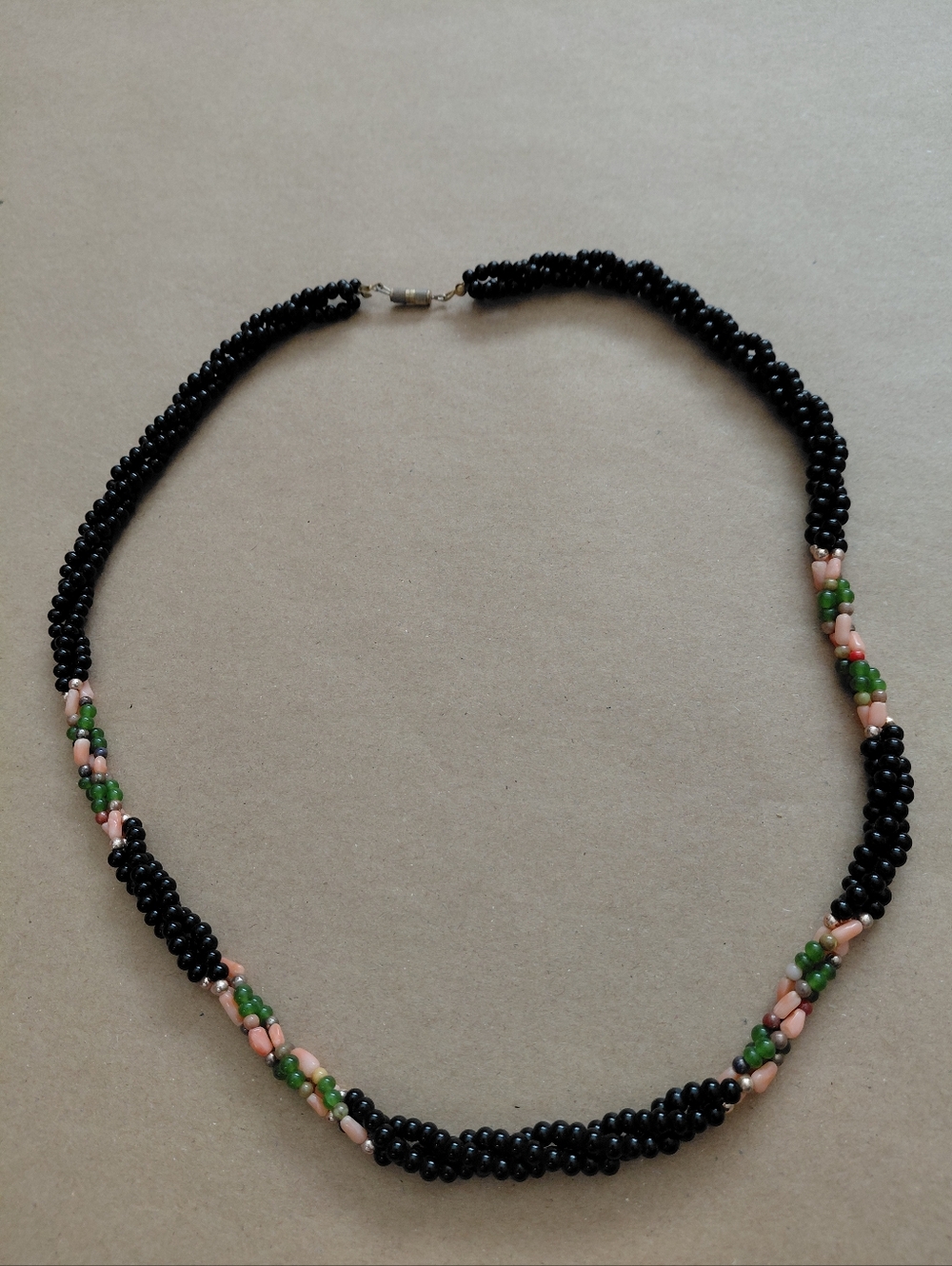 Handmade Black, Pink & Green Seed Bead Twist Necklace. May Be Onix And Jade Ston